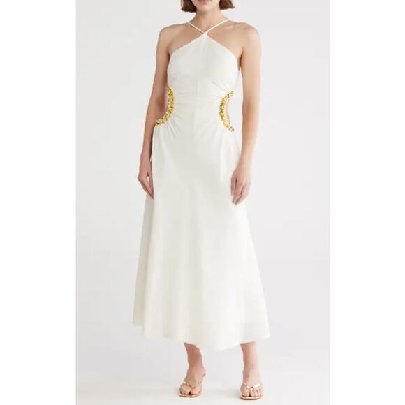 cult gaia Dresses & Skirts - Cult Gaia Off White & Gold Maxi Halter Dress Embellished Side Cutouts Size 10